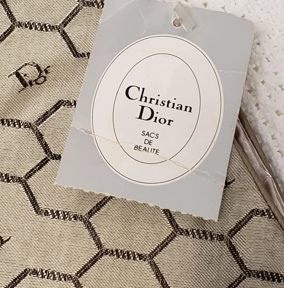 CHRISTIAN‎ DIOR 80s Beige Bag Honeycomb Sacs De Beaute Cosmetic Bag Unisex NEW